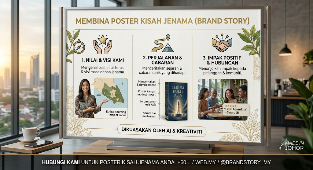 Infografik bertajuk "Membina Poster Kisah Jenama (Brand Story)" yang menggariskan tiga langkah utama: Nilai & Visi Kami, Perjalanan & Cabaran, serta Impak Positif & Hubungan, berserta contoh produk Serum Kulit Asia.