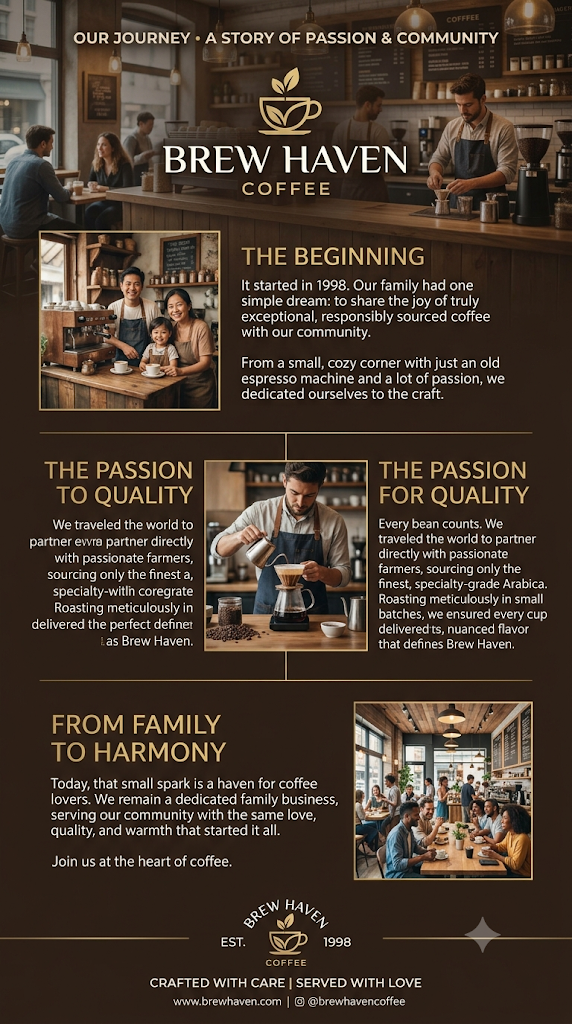 Poster kisah jenama "Brew Haven Coffee" bertajuk "Our Journey - A Story of Passion & Community", memaparkan sejarah penubuhan sejak 1998, komitmen kualiti biji kopi, dan suasana komuniti kafe.