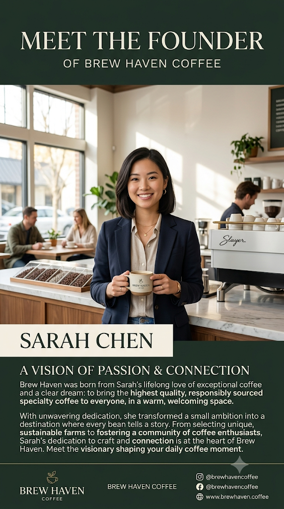 Poster profil pengasas "Brew Haven Coffee", Sarah Chen, yang memaparkan visi minat dan hubungan dalam membina jenama kopi yang berkualiti.