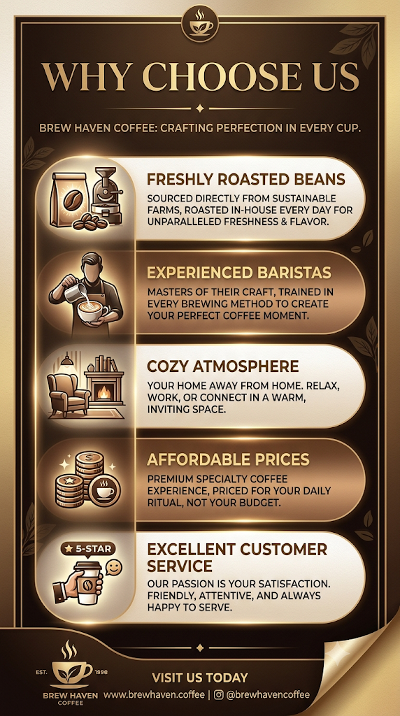Poster infografik "Why Choose Us" untuk Brew Haven Coffee, menyenaraikan lima sebab utama termasuk biji kopi segar, barista berpengalaman, atmosfera selesa, harga berpatutan, dan khidmat pelanggan yang cemerlang.