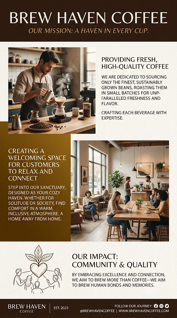 Poster korporat "Brew Haven Coffee" bertajuk "Our Mission: A Haven in Every Cup", memaparkan komitmen terhadap kualiti kopi segar, ruang kafe yang mesra, serta impak komuniti.