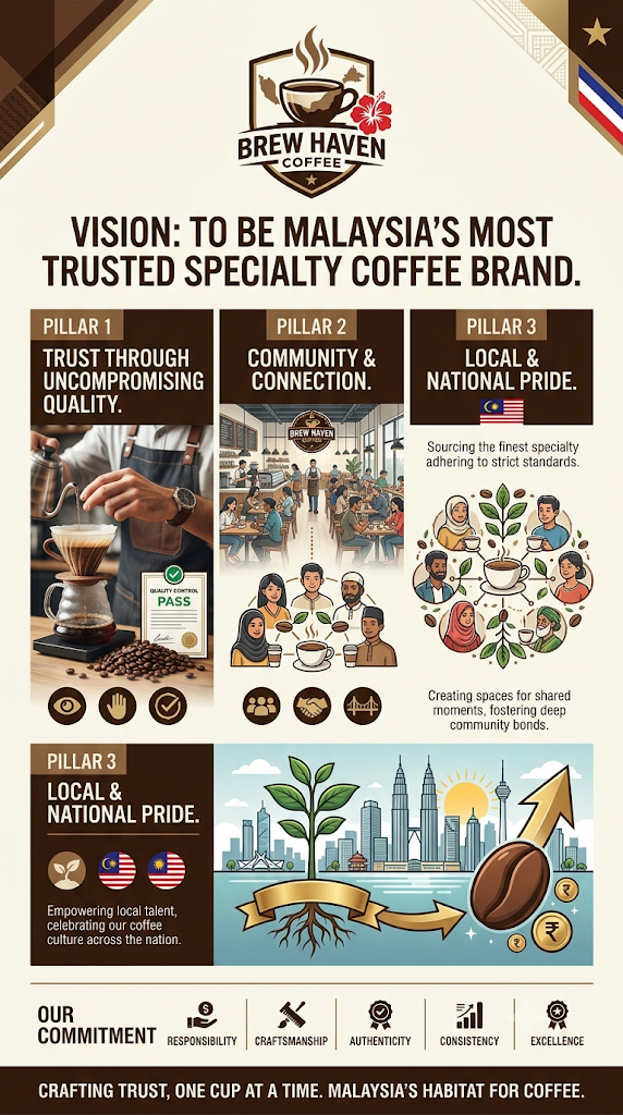 Poster korporat "Brew Haven Coffee" memaparkan visi untuk menjadi jenama kopi istimewa paling dipercayai di Malaysia, berasaskan tiga teras utama iaitu kualiti, komuniti, dan kebanggaan nasional.