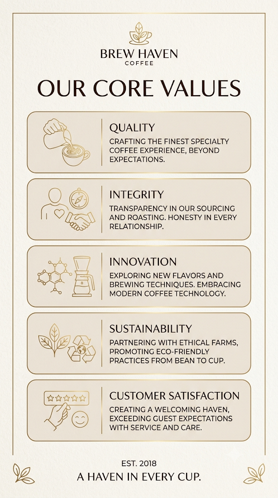 Poster infografik "Our Core Values" untuk Brew Haven Coffee, menyenaraikan lima nilai teras iaitu Quality, Integrity, Innovation, Sustainability, dan Customer Satisfaction.