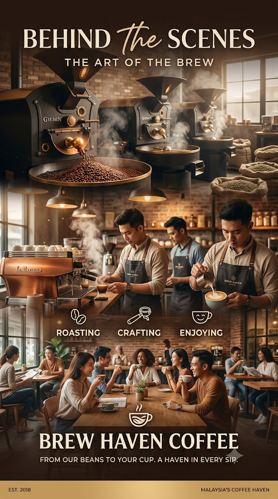 Poster "Behind The Scenes: The Art of The Brew" untuk Brew Haven Coffee, memaparkan proses menghasilkan kopi bermula dari tahap Roasting, Crafting, hingga Enjoying bersama pelanggan di kafe.