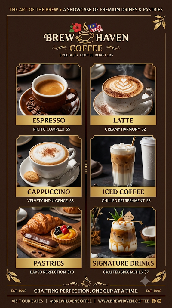 Poster menu minuman dan pastri "Brew Haven Coffee" menampilkan pilihan produk seperti Espresso, Latte, Cappuccino, Iced Coffee, Pastries, dan Signature Drinks berserta tanda harga.