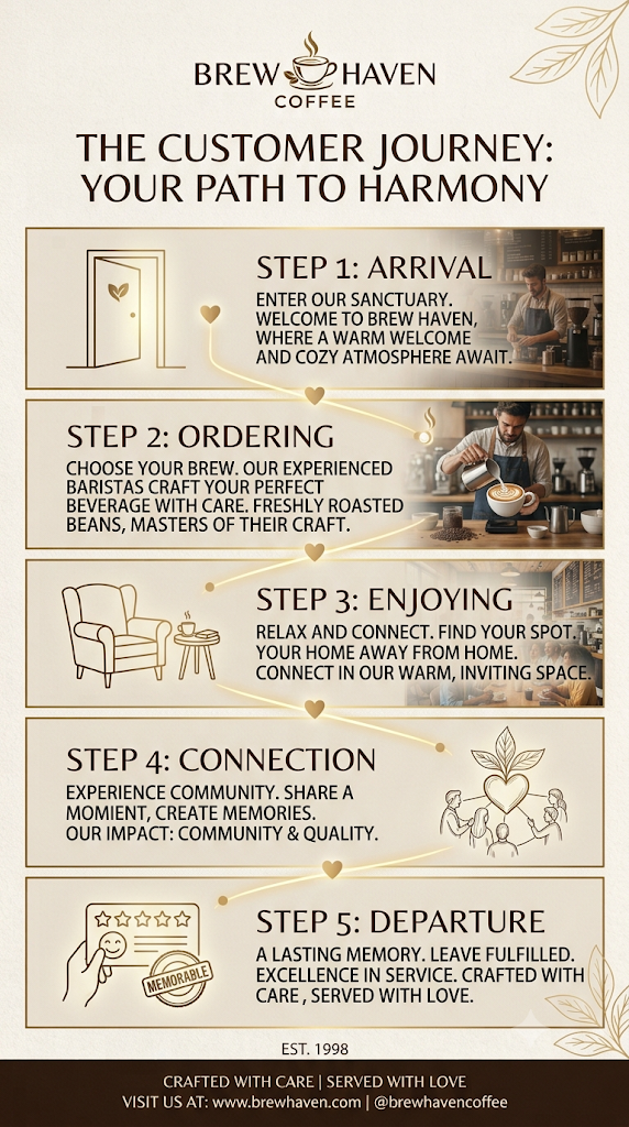 Poster infografik "The Customer Journey: Your Path to Harmony" untuk Brew Haven Coffee, menyenaraikan lima langkah pengalaman pelanggan daripada ketibaan, pesanan, menikmati kopi, pembentukan komuniti, hingga pelepasan.