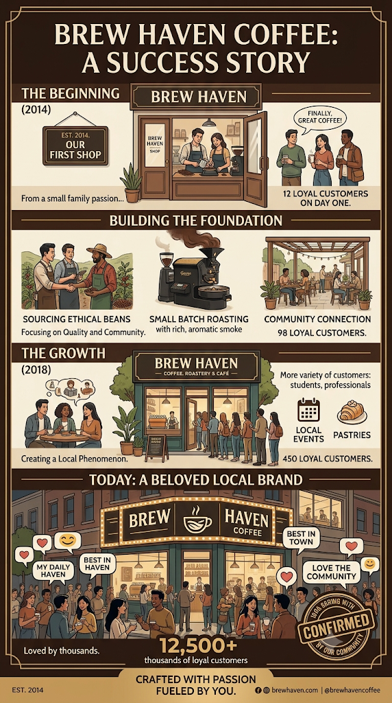 Poster infografik "Brew Haven Coffee: A Success Story" memaparkan perjalanan jenama dari kedai pertama pada 2014, pembinaan asas, fasa pertumbuhan pada 2018, sehingga menjadi jenama tempatan yang disayangi dengan lebih 12,500 pelanggan setia.