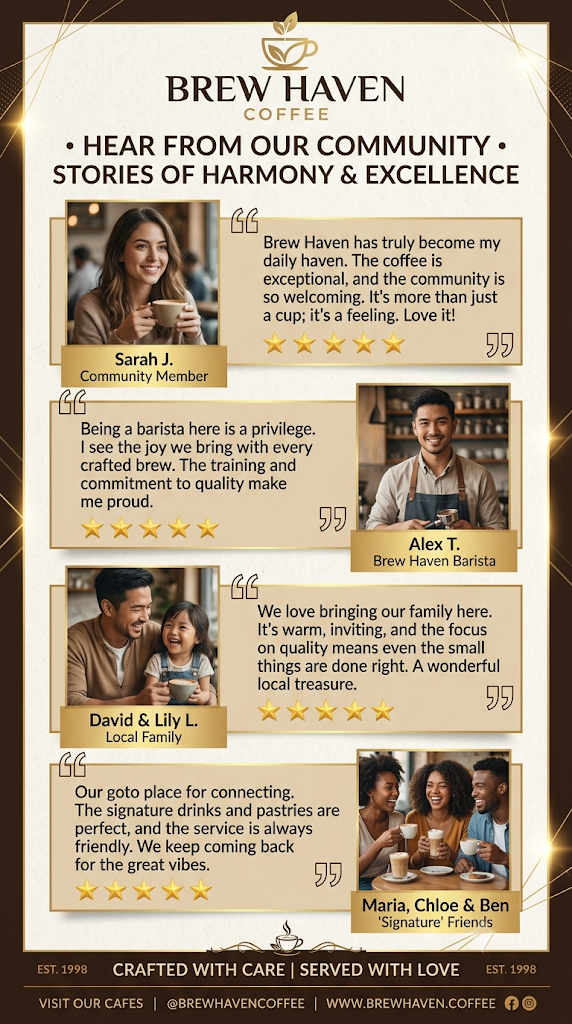 Poster testimoni "Brew Haven Coffee" bertajuk "Hear From Our Community", memaparkan ulasan lima bintang dan pengalaman daripada ahli komuniti, barista, keluarga tempatan, dan pelanggan setia.