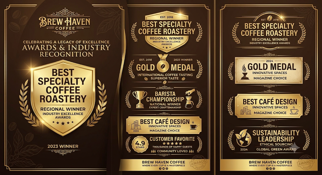 Poster anugerah dan pengiktirafan industri "Brew Haven Coffee", memaparkan pelbagai pencapaian termasuk Best Specialty Coffee Roastery, Gold Medal, Barista Championship, Best Café Design, dan Sustainability Leadership.