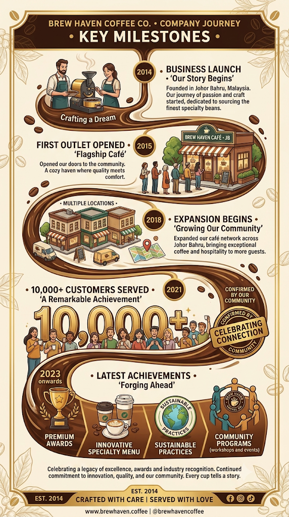 Poster infografik garis masa "Brew Haven Coffee Co. • Company Journey: Key Milestones" memaparkan pencapaian syarikat bermula dari pelancaran perniagaan pada 2014 di Johor Bahru, pembukaan cawangan pertama pada 2015, pengembangan rangkaian pada 2018, pencapaian 10,000+ pelanggan pada 2021, hingga pencapaian terkini dari 2023 onwards.