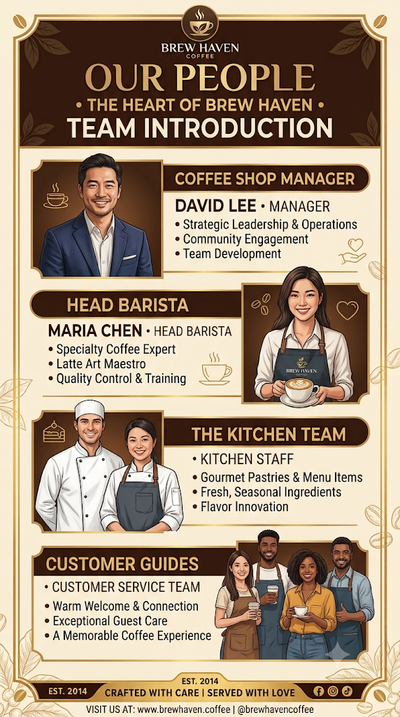 Poster infografik "Our People: The Heart of Brew Haven Team Introduction" memperkenalkan ahli pasukan utama kafe yang merangkumi pengurus kedai David Lee, ketua barista Maria Chen, pasukan dapur, dan barisan pemandu pelanggan.