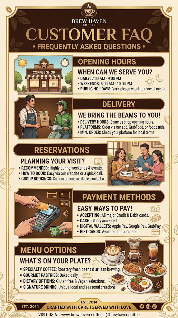 Poster infografik "Customer FAQ" untuk Brew Haven Coffee, menyenaraikan maklumat penting seperti waktu operasi, perkhidmatan penghantaran, tempahan meja, kaedah pembayaran, dan pilihan menu.