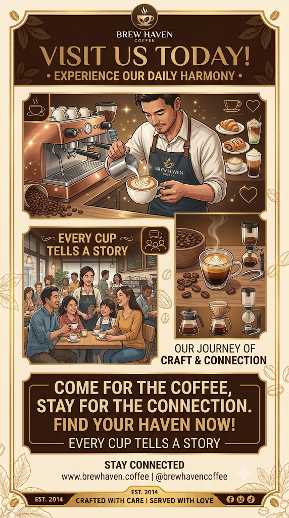 Poster promosi "Visit Us Today! Experience Our Daily Harmony" untuk Brew Haven Coffee, memaparkan barista menuang latte art, suasana pelanggan di kafe, serta peralatan pembuatan kopi berserta slogan "Come for the coffee, stay for the connection".