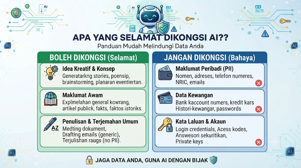 "Poster panduan keselamatan data bertajuk 'Apa Yang Selamat Dikongsi Dengan AI?'. Ia membahagikan maklumat kepada dua bahagian: kotak hijau untuk data yang selamat dikongsi (idea kreatif, maklumat awam, penulisan umum) dan kotak biru untuk data berbahaya yang tidak boleh dikongsi (maklumat peribadi, data kewangan, kata laluan)."