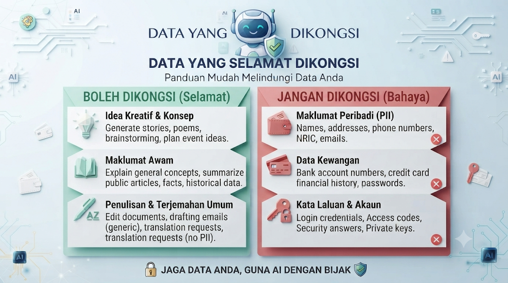 Poster infografik landskap bertajuk "DATA YANG SELAMAT DIKONGSI" dengan panduan melindungi data anda, membahagikan maklumat kepada bahagian hijau untuk perkara yang "BOLEH DIKONGSI (Selamat)" dan bahagian merah untuk perkara yang "JANGAN DIKONGSI (Bahaya)".