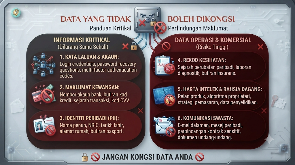 Poster infografik landskap bertajuk "DATA YANG TIDAK BOLEH DIKONGSI" dengan panduan perlindungan maklumat, membahagikan maklumat kepada "INFORMASI KRITIKAL (Dilarang Sama Sekali)" dan "DATA OPERASI & KOMERSIAL (Risiko Tinggi)".
