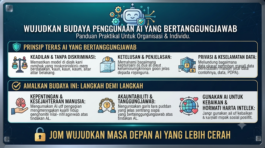 Poster infografik landskap bertajuk "WUJUDKAN BUDAYA PENGGUNAAN AI YANG BERTANGGUNGJAWAB" dengan panduan praktikal untuk organisasi dan individu, membahagikan maklumat kepada "PRINSIP TERAS AI YANG BERTANGGUNGJAWAB" dan "AMALKAN BUDAYA INI: LANGKAH DEMI LANGKAH".
