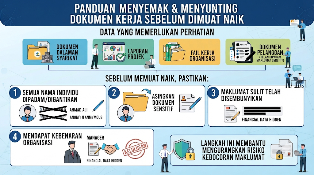 Infografik panduan menyemak dan menyunting dokumen kerja bertajuk "Panduan Menyemak & Menyunting Dokumen Kerja Sebelum Dimuat Naik", menyenaraikan data yang memerlukan perhatian serta empat langkah sebelum memuat naik.