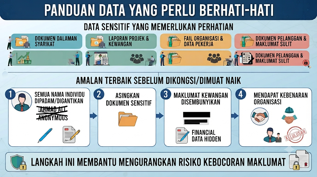 Infografik panduan keselamatan data bertajuk "Panduan Data Yang Perlu Berhati-Hati", menyenaraikan data sensitif organisasi serta empat amalan terbaik sebelum berkongsi atau memuat naik maklumat.