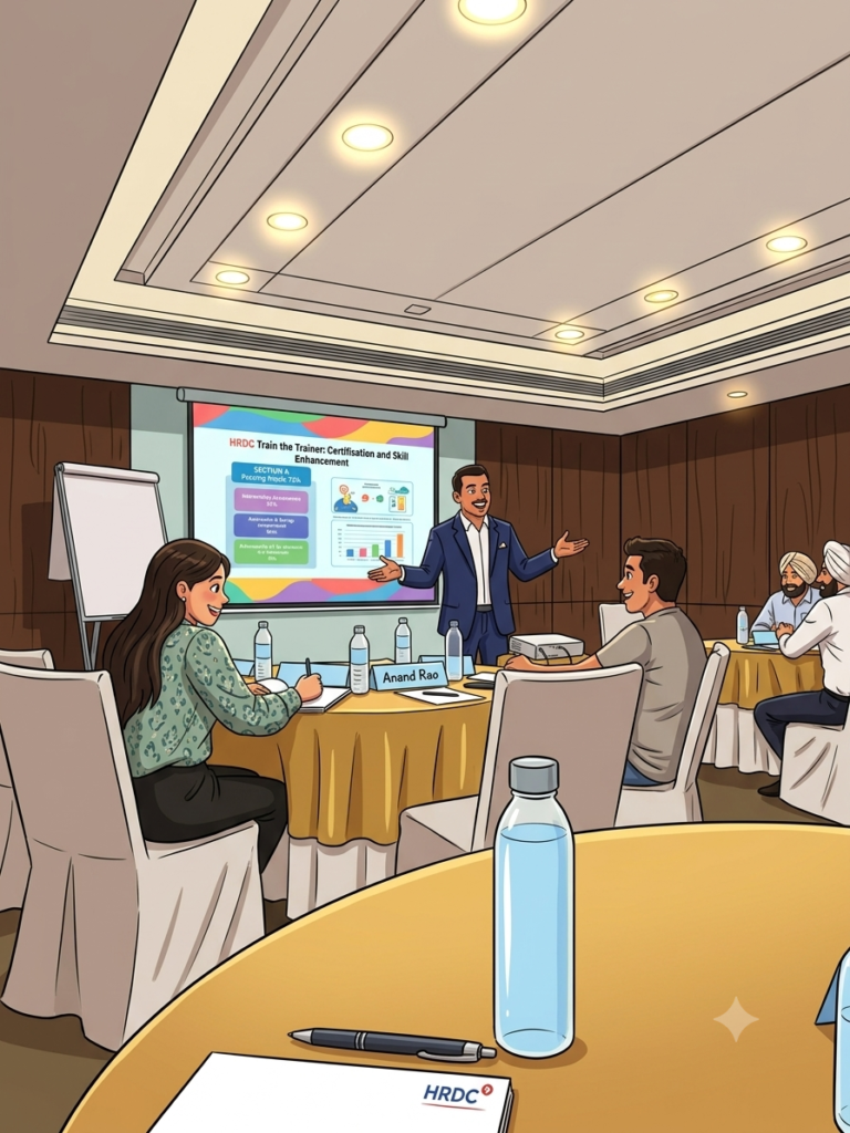 Suasana pekerja pejabat menghadiri program latihan dan pembangunan kemahiran di dalam bilik mesyuarat.