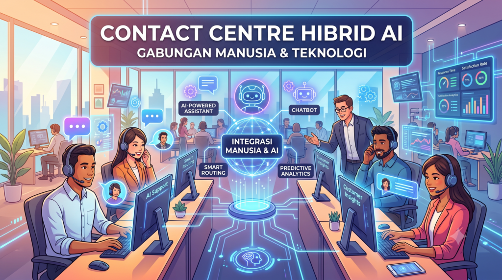 illustrasi Contact Centre Hibrid AI: Gabungan Manusia & Teknologi
