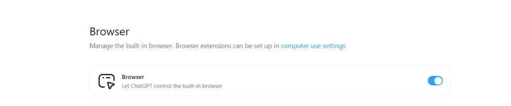Tangkapan layar menu pengaturan Browser yang menampilkan opsi "Let ChatGPT control the built-in browser" dengan tombol sakelar (toggle) dalam posisi aktif.