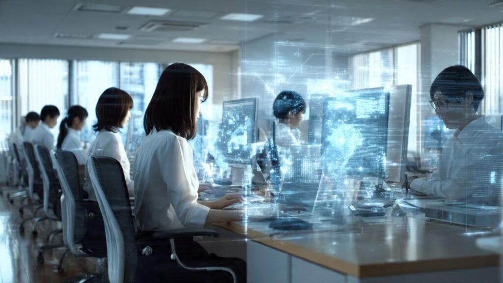 Perkerja di pejabat Jepun menggunakan komputer dengan hamparan digital AI