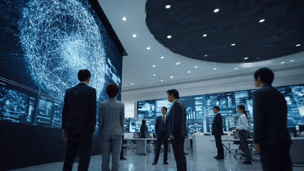 Sekumpulan profesional di pejabat melihat paparan sfera rangkaian digital AI dan analisis data futuristik.