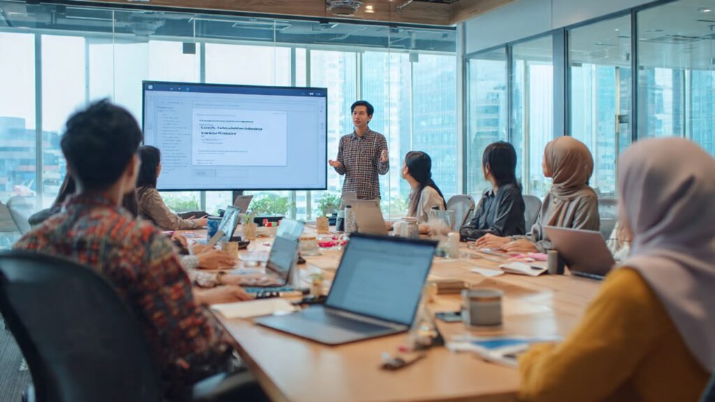 Seorang tenaga pengajar sedang menyampaikan latihan Generative AI di hadapan peserta di bilik seminar.