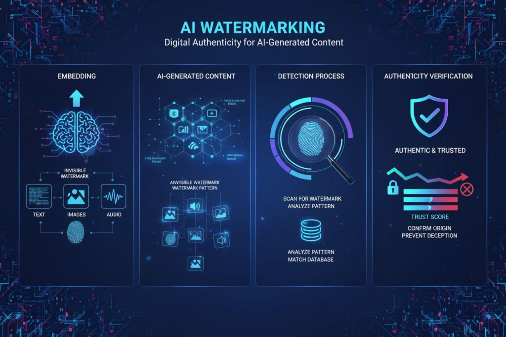 Ilustrasi watermark digital tersembunyi dalam teks AI