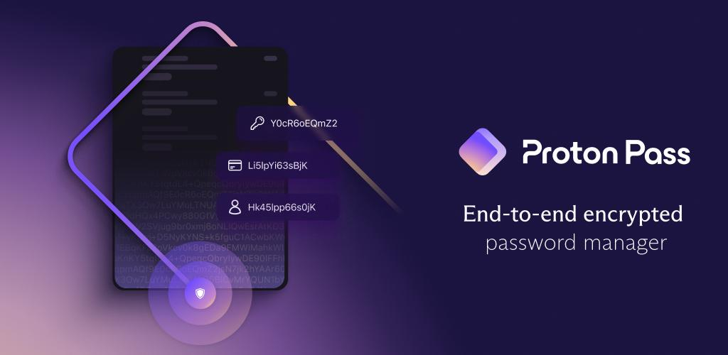 Paparan promosi Proton Pass yang menampilkan logo jenama, teks "End-to-end encrypted password manager", dan grafik peranti dengan unsur keselamatan digital yang melayang.