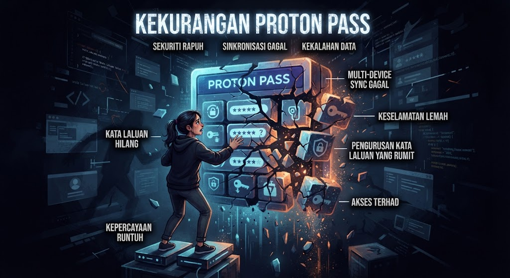 Ilustrasi konsep yang memaparkan tajuk "KEKURANGAN PROTON PASS" di bahagian atas, dengan seorang wanita berdiri di hadapan struktur papan kekunci atau petiap keselamatan berjenama "PROTON PASS" yang retak dan berpecah, dikelilingi oleh teks label pelbagai kelemahan seperti "KATA LALUAN HILANG", "KEPERCAYAAN RUNTUH", "MULTI-DEVICE SYNC GAGAL", "KESELAMATAN LEMAH", dan "AKSES TERHAD" dengan latar belakang gelap berunsurkan digital.