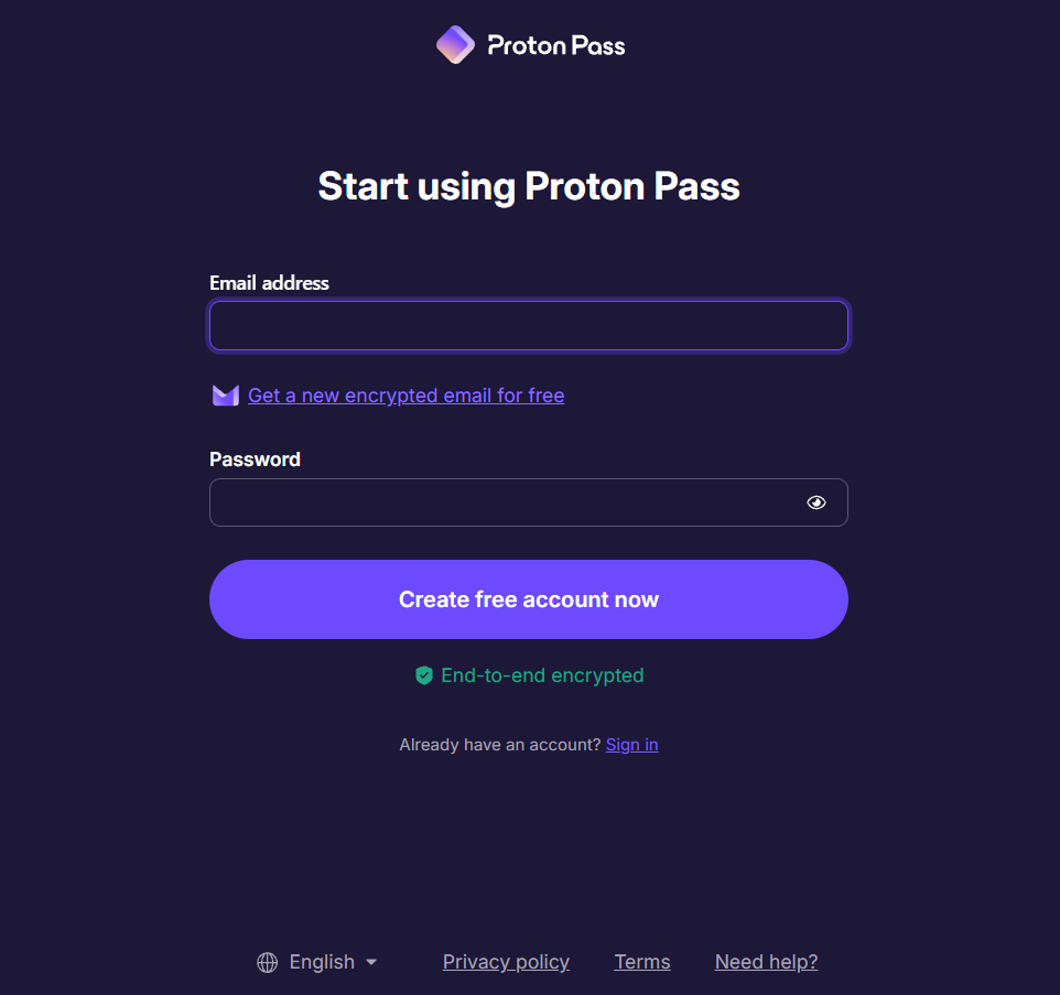 Paparan skrin borang pendaftaran akaun Proton Pass berlatarbelakangkan warna gelap, memaparkan tajuk "Start using Proton Pass", medan input untuk alamat e-mel dan kata laluan, butang ungu "Create free account now", serta pautan dasar privasi dan pilihan bahasa di bahagian bawah.