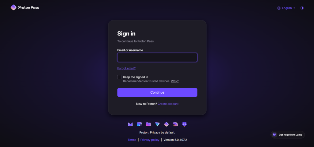 Paparan skrin halaman log masuk Proton Pass berlatarbelakangkan warna gelap, menampilkan kotak dialog tengah bertajuk "Sign in", medan input untuk alamat e-mel atau nama pengguna, butang ungu "Continue", kotak pilihan "Keep me signed in", serta ikon pelbagai perkhidmatan Proton di bahagian bawah berserta maklumat versi "Version 5.0.407.2".
