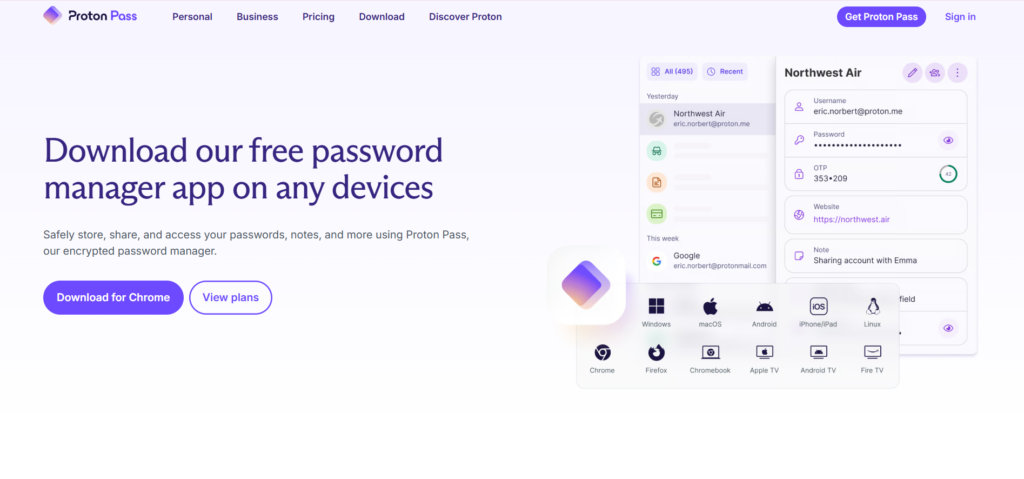 Paparan skrin halaman muat turun Proton Pass yang menampilkan tajuk utama "Download our free password manager app on any devices", teks huraian, butang "Download for Chrome" dan "View plans", serta ilustrasi antara muka aplikasi dan ikon keserasian pelbagai platform peranti di sebelah kanan.