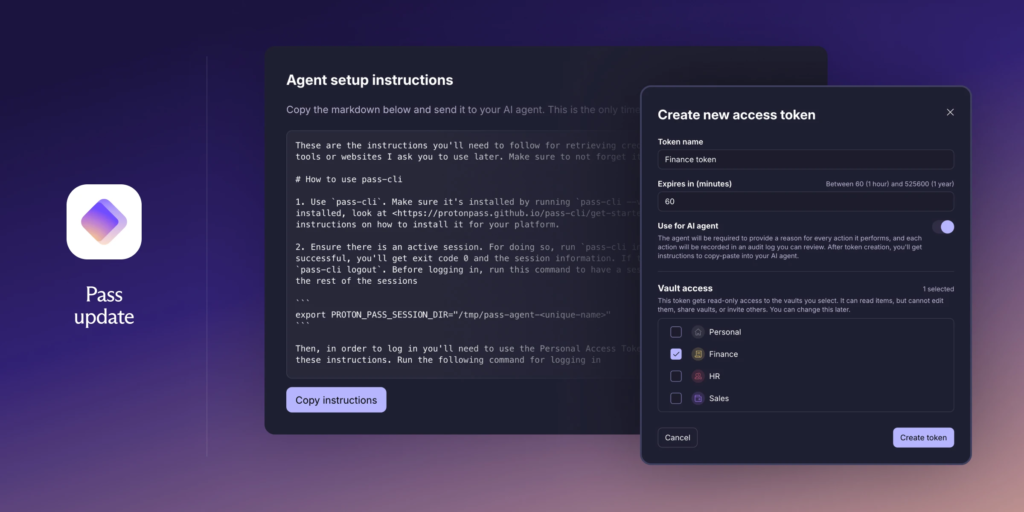 Kemas kini kemas kini Pass yang memaparkan ikon aplikasi di sebelah kiri berserta teks "Pass update", dan dua tetingkap antara muka mod gelap di sebelah kanan yang menunjukkan "Agent setup instructions" berserta kod arahan serta tetingkap "Create new access token" dengan tetapan nama token, tempoh luput, dan pilihan akses vault.