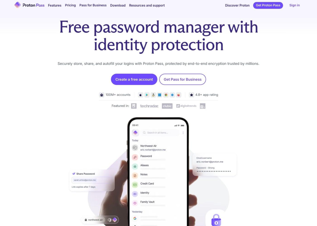 Paparan skrin halaman utama Proton Pass yang menampilkan tajuk utama "Free password manager with identity protection", teks huraian, butang "Create a free account" dan "Get Pass for Business", statistik akaun dan penarafan aplikasi, serta ilustrasi tangan memegang telefon pintar yang memaparkan antara muka aplikasi.