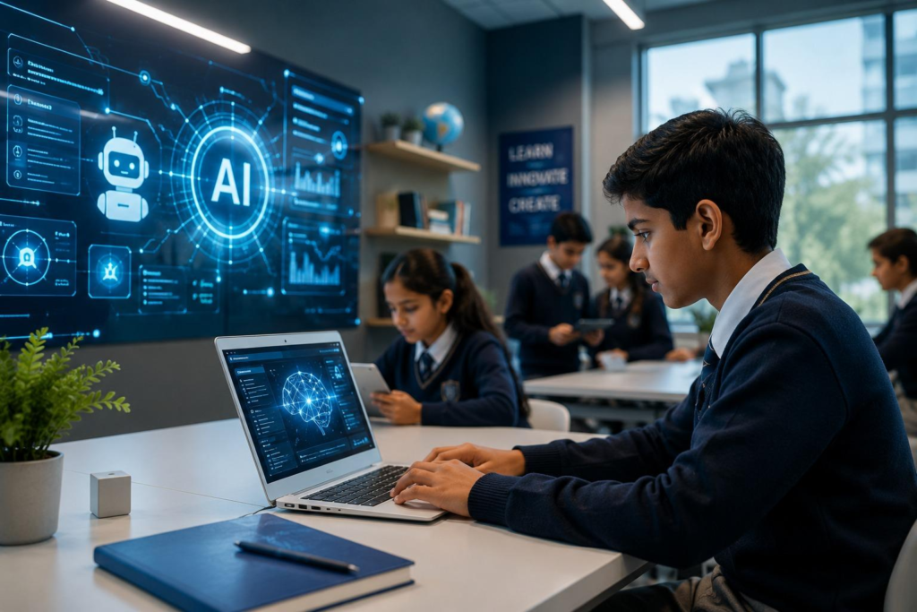 Pelajar sekolah sedang menggunakan komputer dan teknologi AI di dalam bilik darjah.