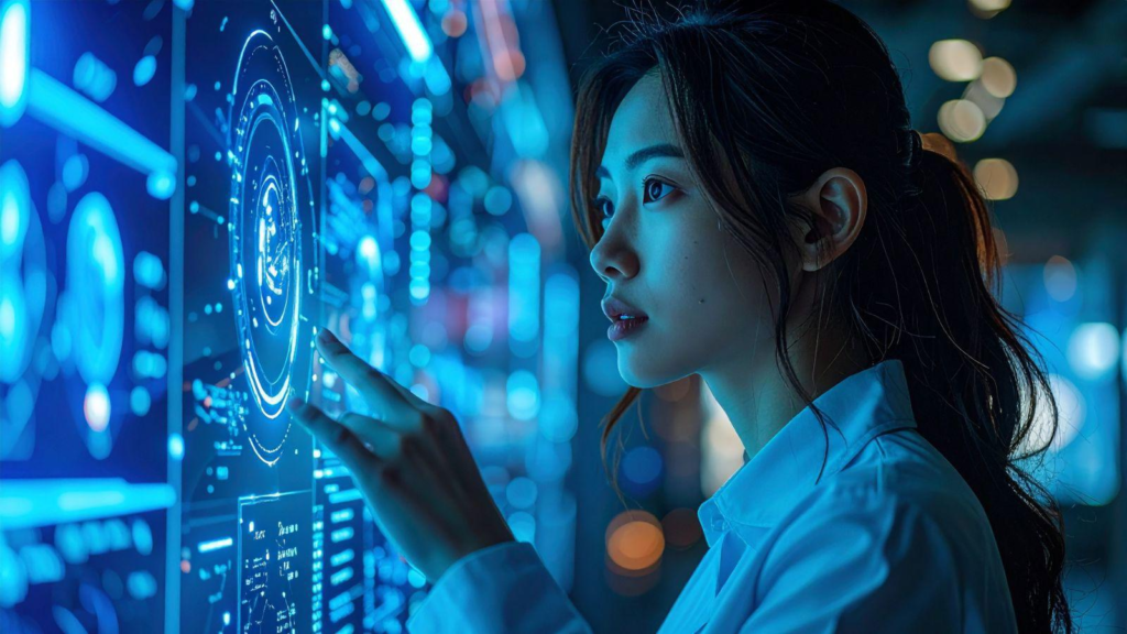 Seorang wanita muda sedang menyentuh skrin paparan digital holografik bertemakan kecerdasan buatan (AI) dan teknologi futuristik.
