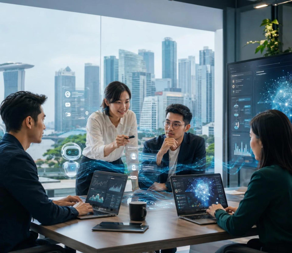 Sekumpulan profesional muda sedang berbiusyuarat dan bekerja menggunakan komputer pekena dengan paparan data serta grafik holografik teknologi AI.
