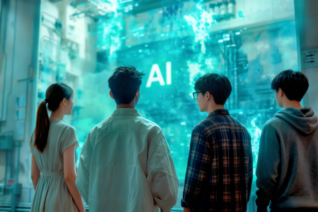 Sekumpulan anak muda dari pandangan belakang sedang melihat skrin digital futuristik bersaiz besar yang memaparkan teks "AI" dan grafik teknologi kecerdasan buatan.