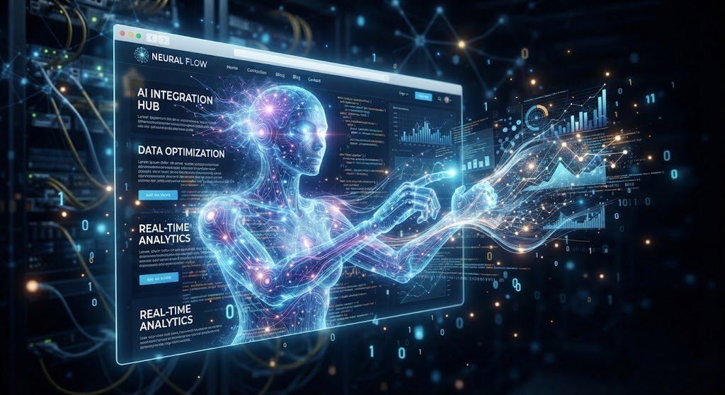Ilustrasi digital figur cyborg transparan berinteraksi dengan antarmuka web bertuliskan Neural Flow dan grafik analitik data dalam latar belakang pusat server.