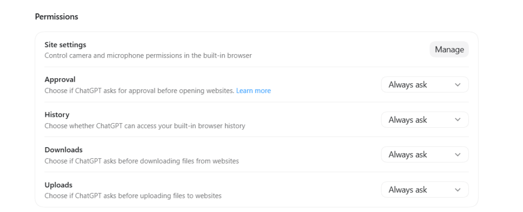 Tangkapan layar bagian pengaturan Permissions yang menampilkan pengaturan untuk Site settings, Approval, History, Downloads, dan Uploads dengan menu dropdown diatur ke Always ask.