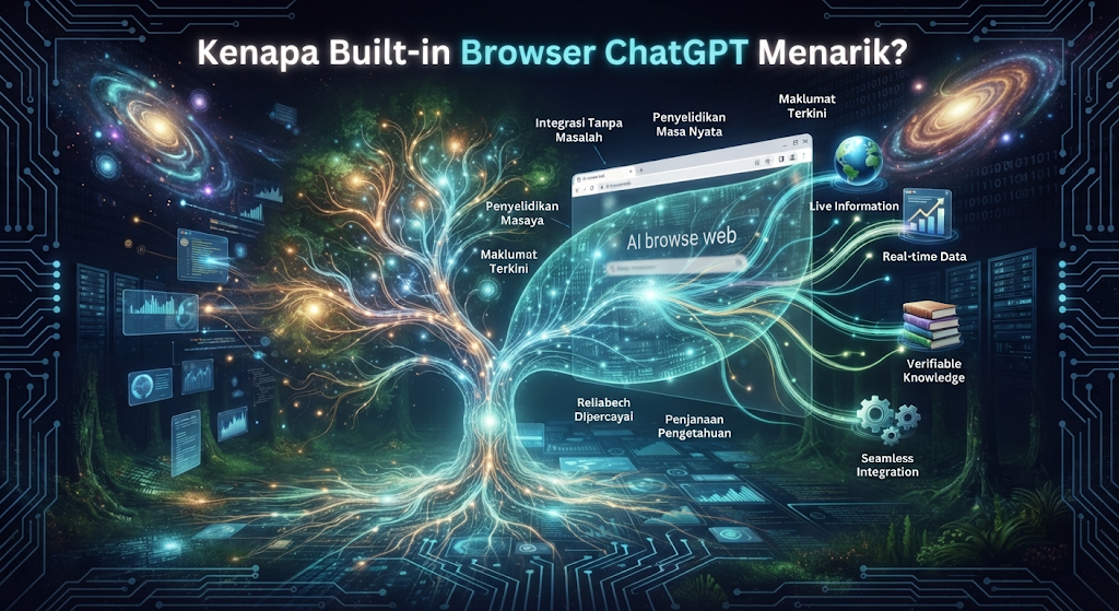 Ilustrasi digital infografis bertema "Kenapa Built-in Browser ChatGPT Menarik?" dengan visual pohon data bercahaya dan ikon fitur peramban AI