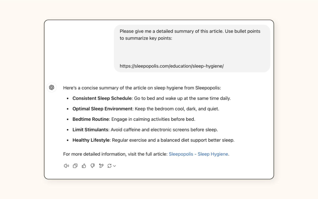 Tangkapan layar antarmuka ChatGPT yang menampilkan ringkasan artikel tentang kebersihan tidur (sleep hygiene) dalam bentuk poin-poin (bullet points).