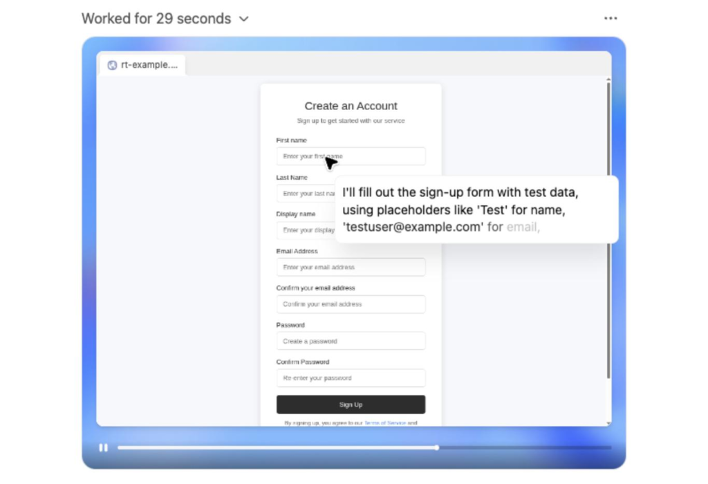Tangkapan layar proses otomatisasi browser yang mengisi formulir "Create an Account" dengan teks keterangan pendukung dari asisten AI.
