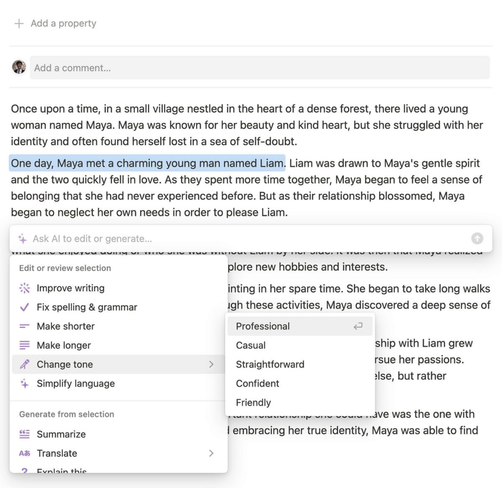 Tangkapan layar editor dokumen teks dengan menu pop-up AI untuk mengedit, mengubah nada, dan meringkas teks pilihan.