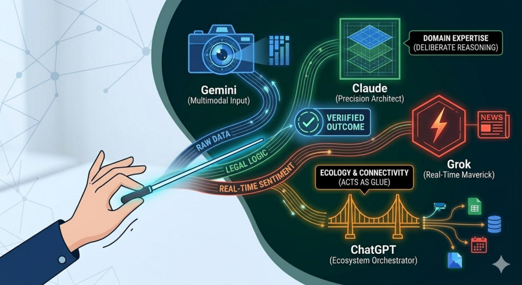 Ilustrasi konseptual tangan memegang tongkat konduktor yang mengarahkan alur kerja berbagai model AI: Gemini, Claude, Grok, dan ChatGPT.