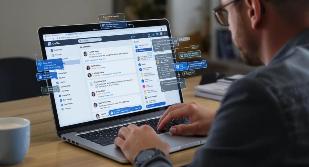 Foto seseorang menggunakan laptop di meja kayu dengan tampilan antarmuka web dan elemen pop-up analitik digital yang melayang.