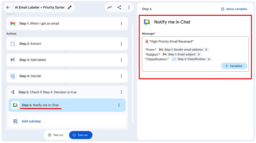 Tangkapan layar pembuat alur kerja otomatisasi email yang menampilkan konfigurasi Step 6: Notify me in Chat dengan kotak pesan berbingkai merah.